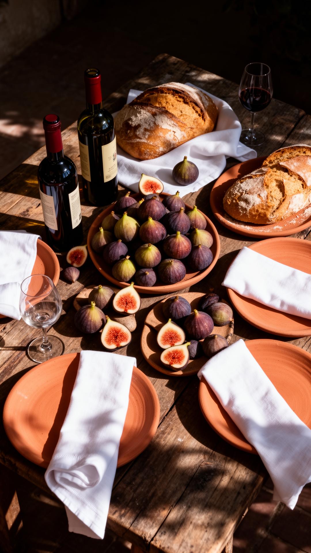 Mesa mediterránea con higos, pan y vino