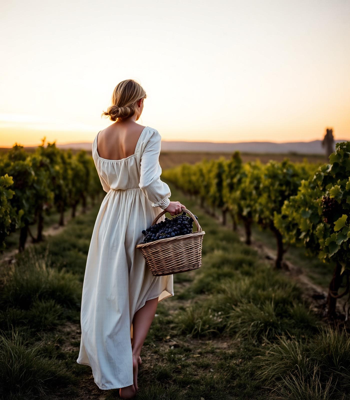 Mujer caminando entre viñedos al atardecer