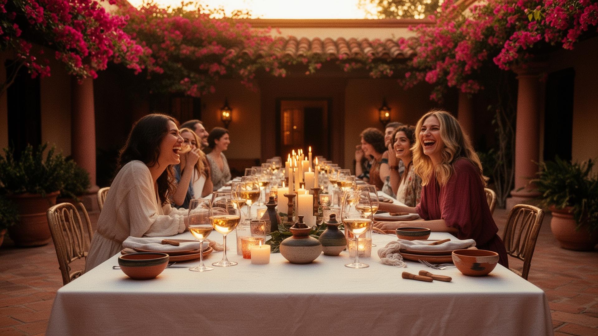 Mesa larga de cena al atardecer en una hacienda con bougainvillea